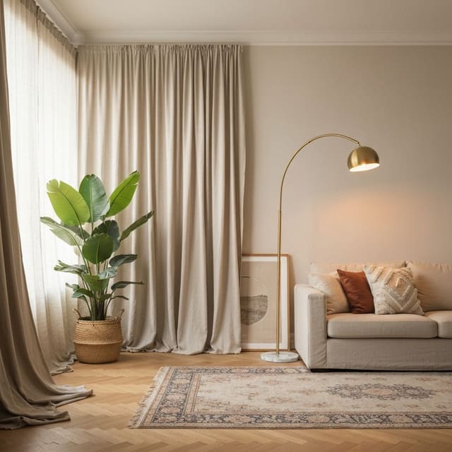 A budget-friendly room styled with floor-length curtains, plants, and lamps
