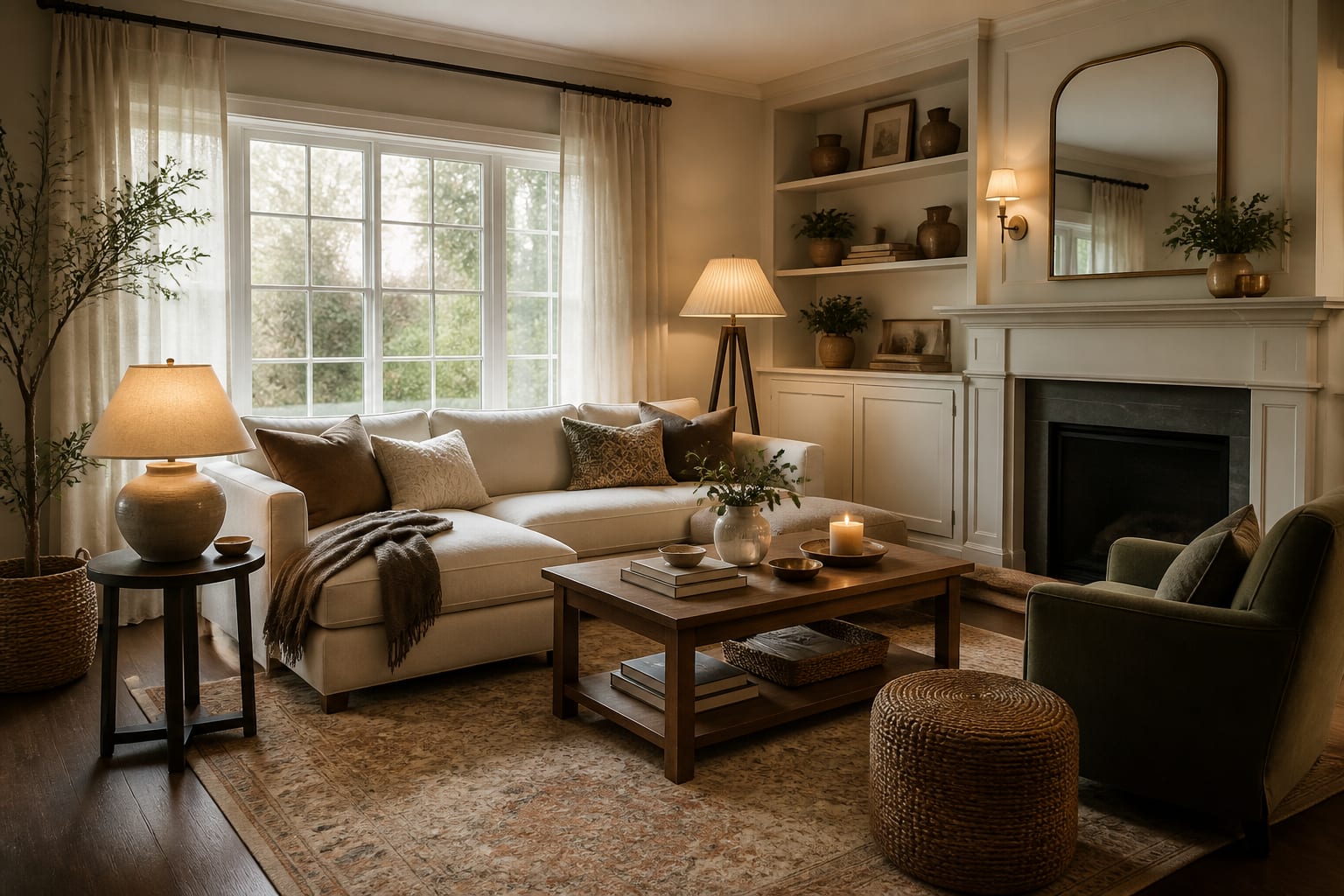 Budget Living Room Ideas: 6 Changes Under $200 Each, shown as warm editorial Re-Design interior photography with layered materials and lighting