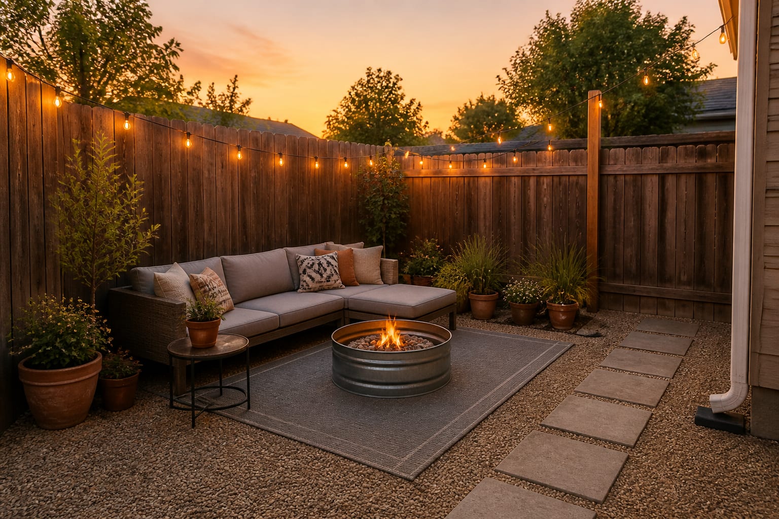 The same corner finished as a gravel patio with a sectional, string lights, fire bowl, and potted plants