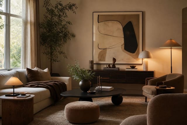 warm beige living room with camel textiles, black accents, layered lamps, and large abstract art against builder-grade walls