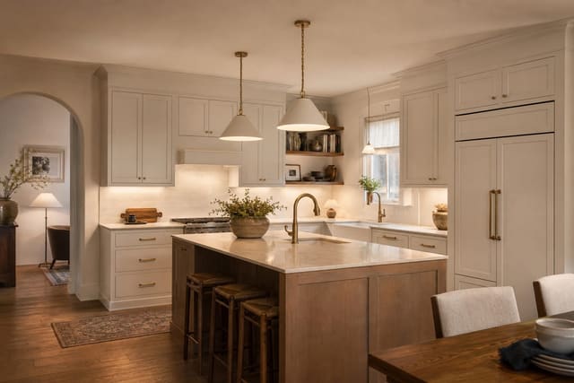 bright builder-grade kitchen updated with aged brass pulls, a clean faucet, warm task lighting, and simple cream walls