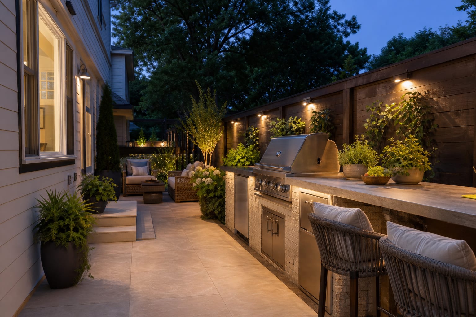 same patio angle with a built-in grill surround, stone base, porcelain paving, side counter, bar stools, herbs, and warm task lighting