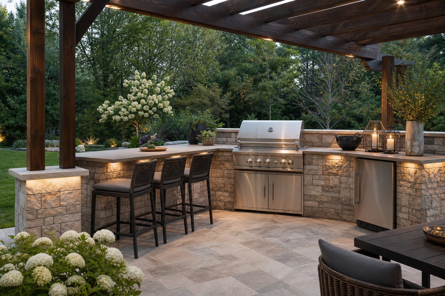 built-in grill station with stone surround, porcelain patio paving, side counters, stools, and warm task lighting under a pergola