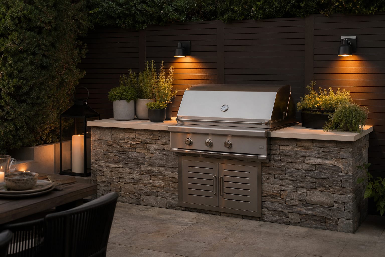 built-in barbecue station with vented cabinet doors, stone veneer base, pale counter, herb planters, and shielded wall lights