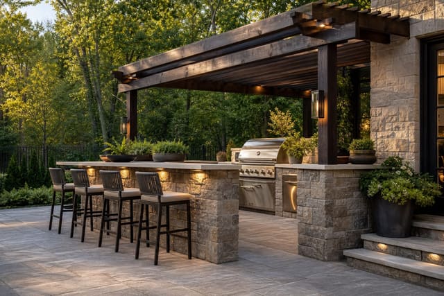 built-in grill station with stone surround, porcelain patio paving, side counters, stools, and warm task lighting under a pergola