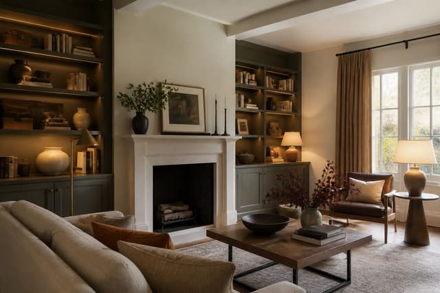 Editorial interior photograph showing built-in shelving ideas that earn their wall space in a real whole home, with warm residential materials, layered lighting, functional furniture placement, and a magazine-quality composition.