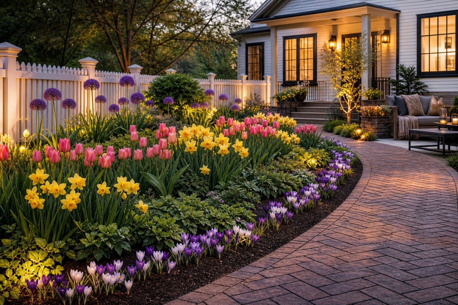 Same garden bed redesigned with layered bulbs, low edging plants, staggered bloom heights, and a curved path for access.