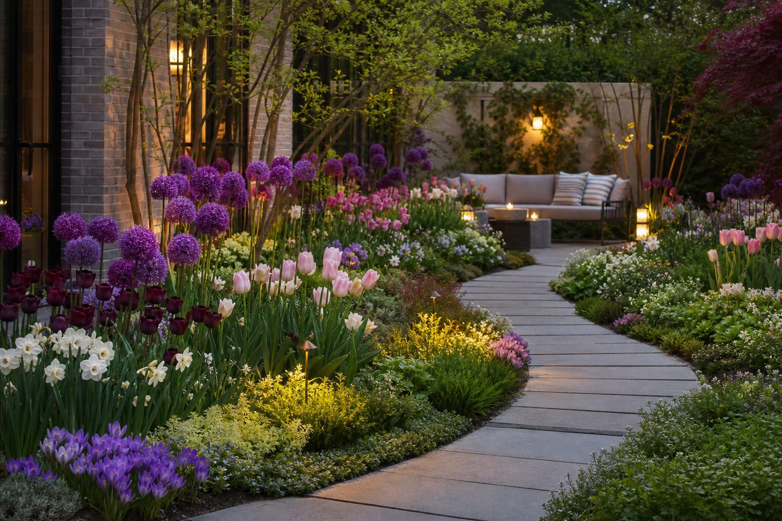 layered bulb garden with crocus, daffodils, tulips, alliums, and low ground covers along a curved path