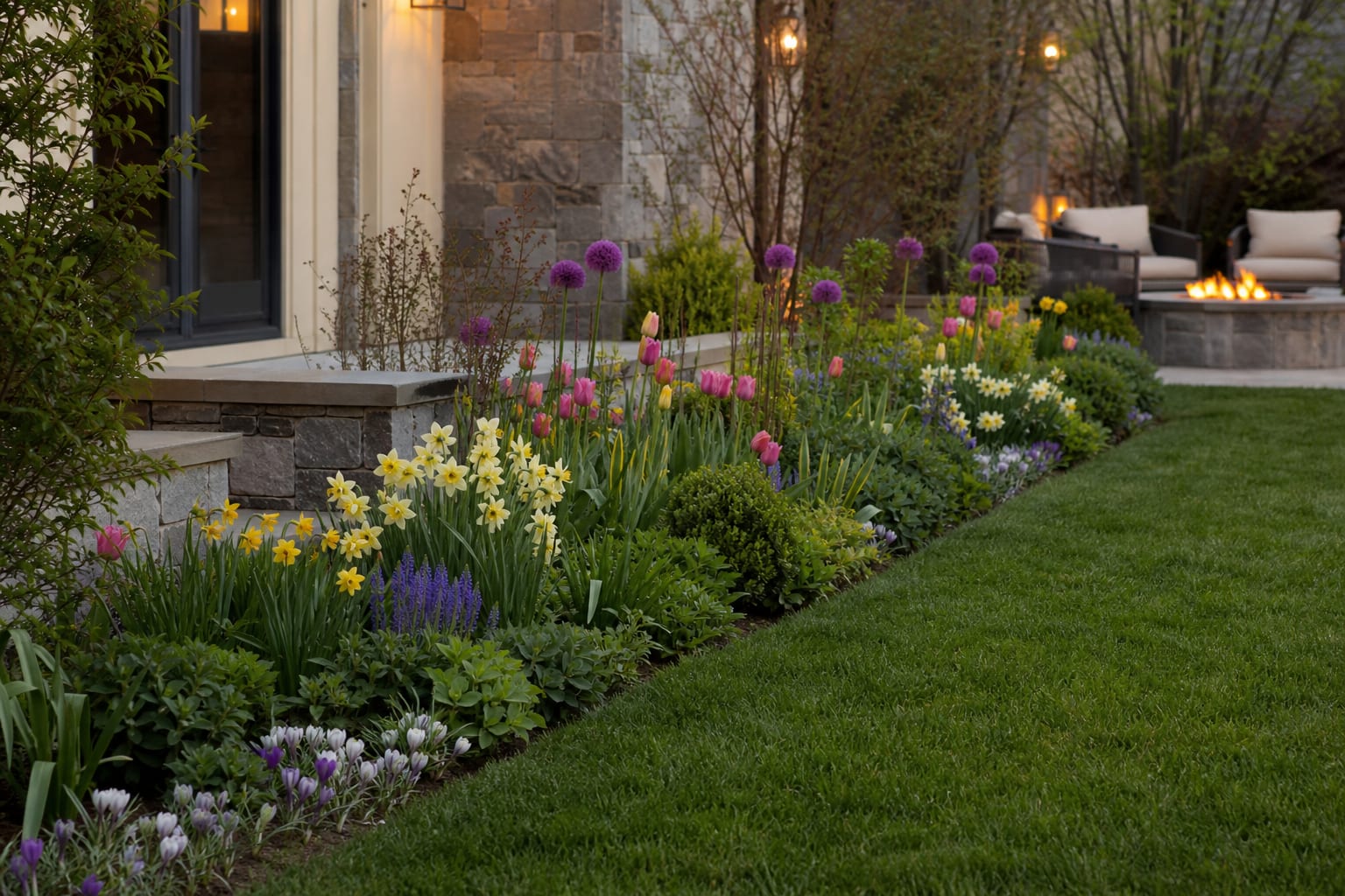 spring border showing low crocus, mid-height daffodils, tulips, allium stems, and emerging perennials layered by height