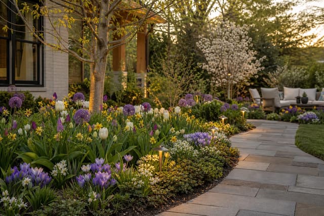 layered bulb garden with crocus, daffodils, tulips, alliums, and low ground covers along a curved path