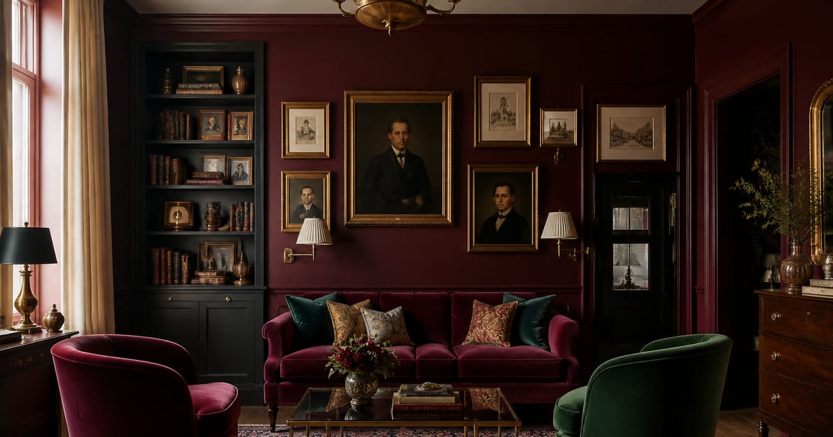Burgundy wine home decor with jewel-toned walls, emerald accents, brass lighting, and velvet furniture