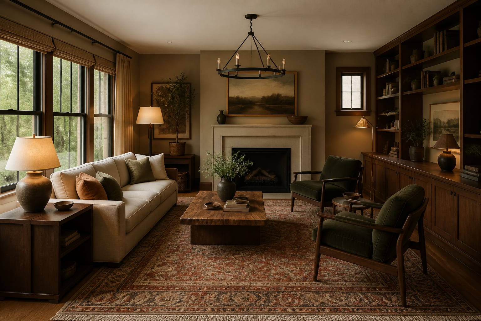 AI preview of a lived-in living room testing warmer walls, larger rug scale, walnut storage, and layered lamps without changing the architecture