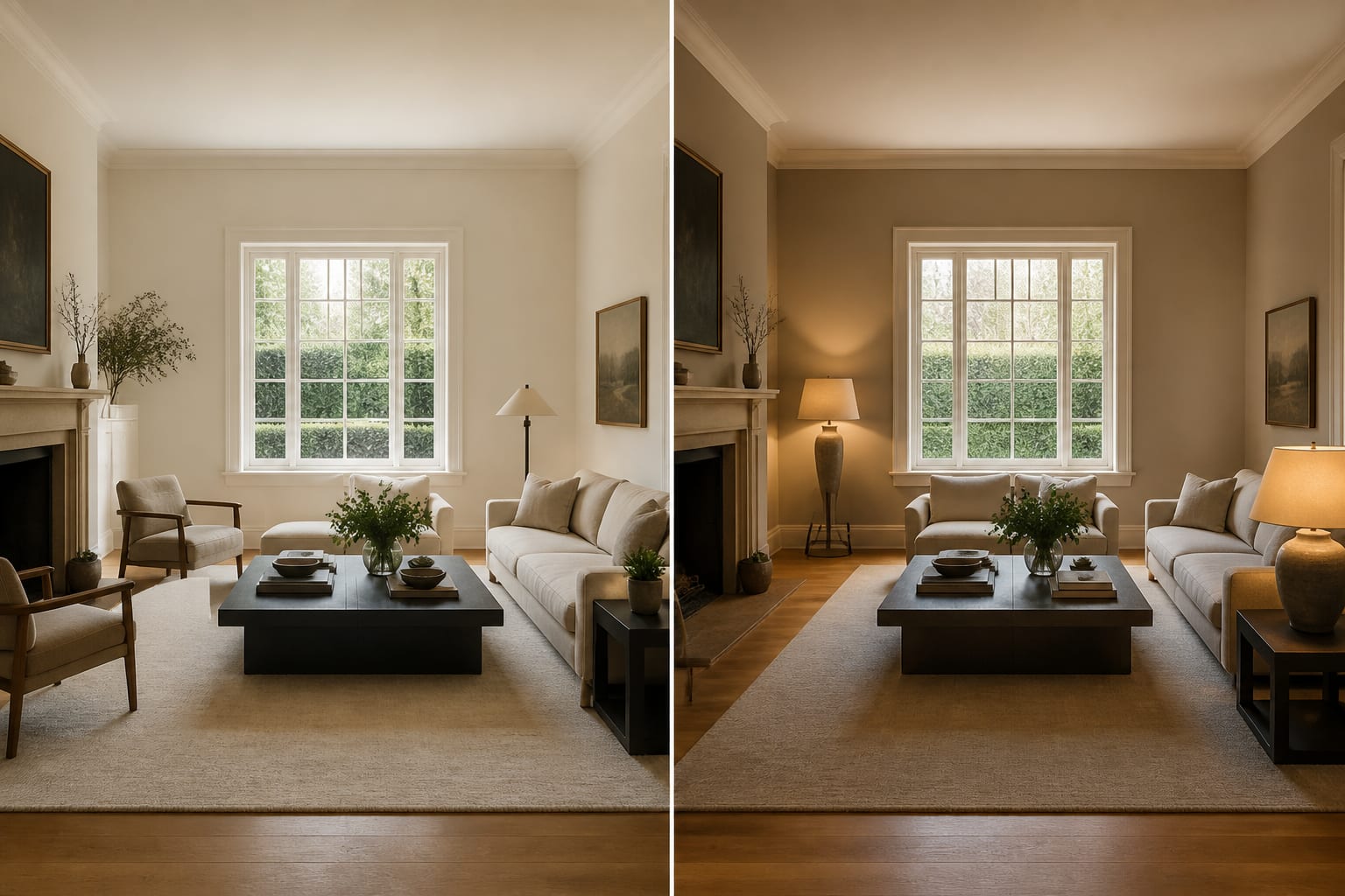 Side-by-side AI room concepts comparing warm white walls, mushroom paint, larger rug scale, and different lamp placement in the same room