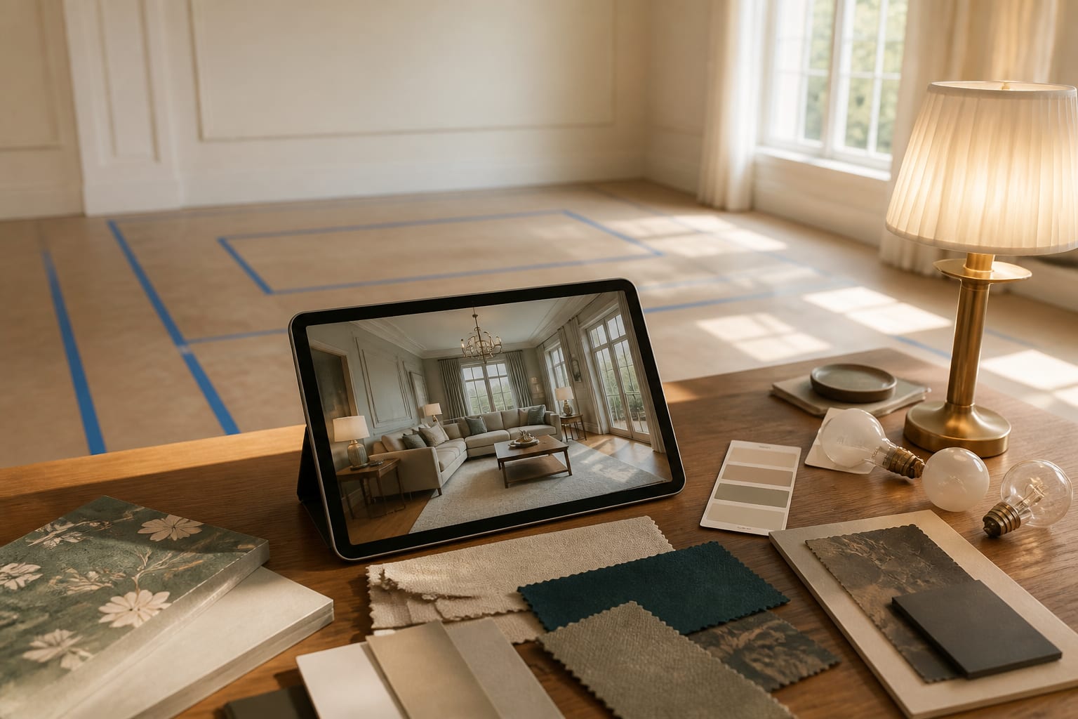 Designer checking an AI room preview against painter's tape rug outlines, fabric swatches, lamp bulbs, and wall paint samples