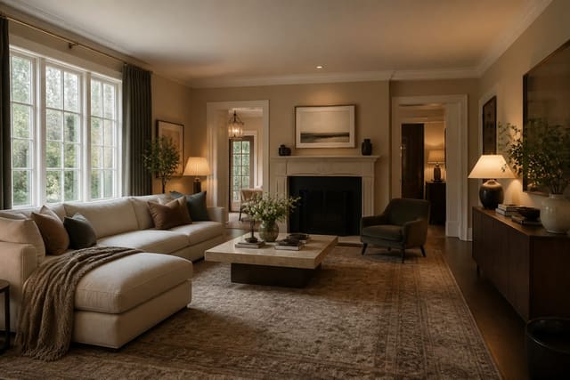 AI preview of a lived-in living room testing warmer walls, larger rug scale, walnut storage, and layered lamps without changing the architecture