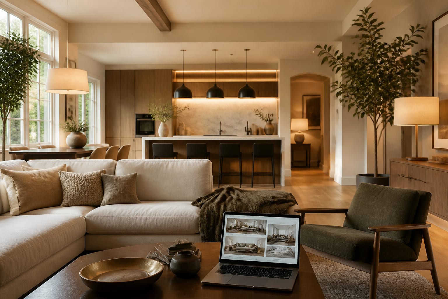 warm open plan living room with measured furniture layout, layered lighting, and laptop showing AI redesign previews