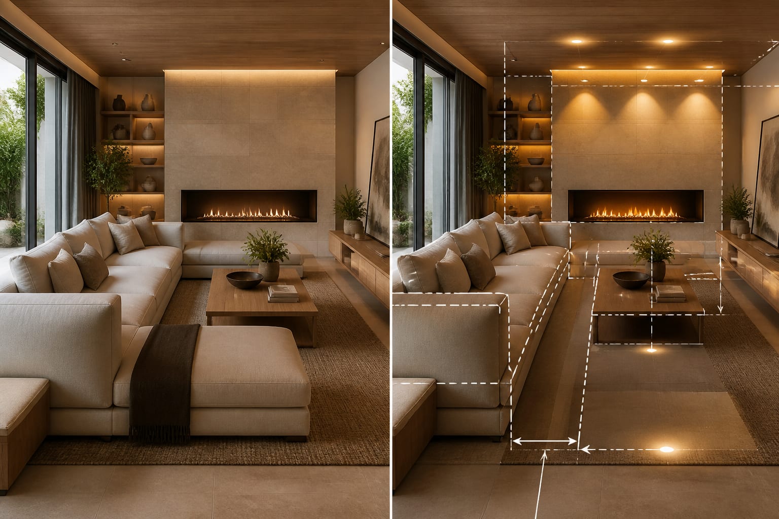side by side room concept showing AI layout preview beside marked measurements for walkway, sofa depth, and lighting zones