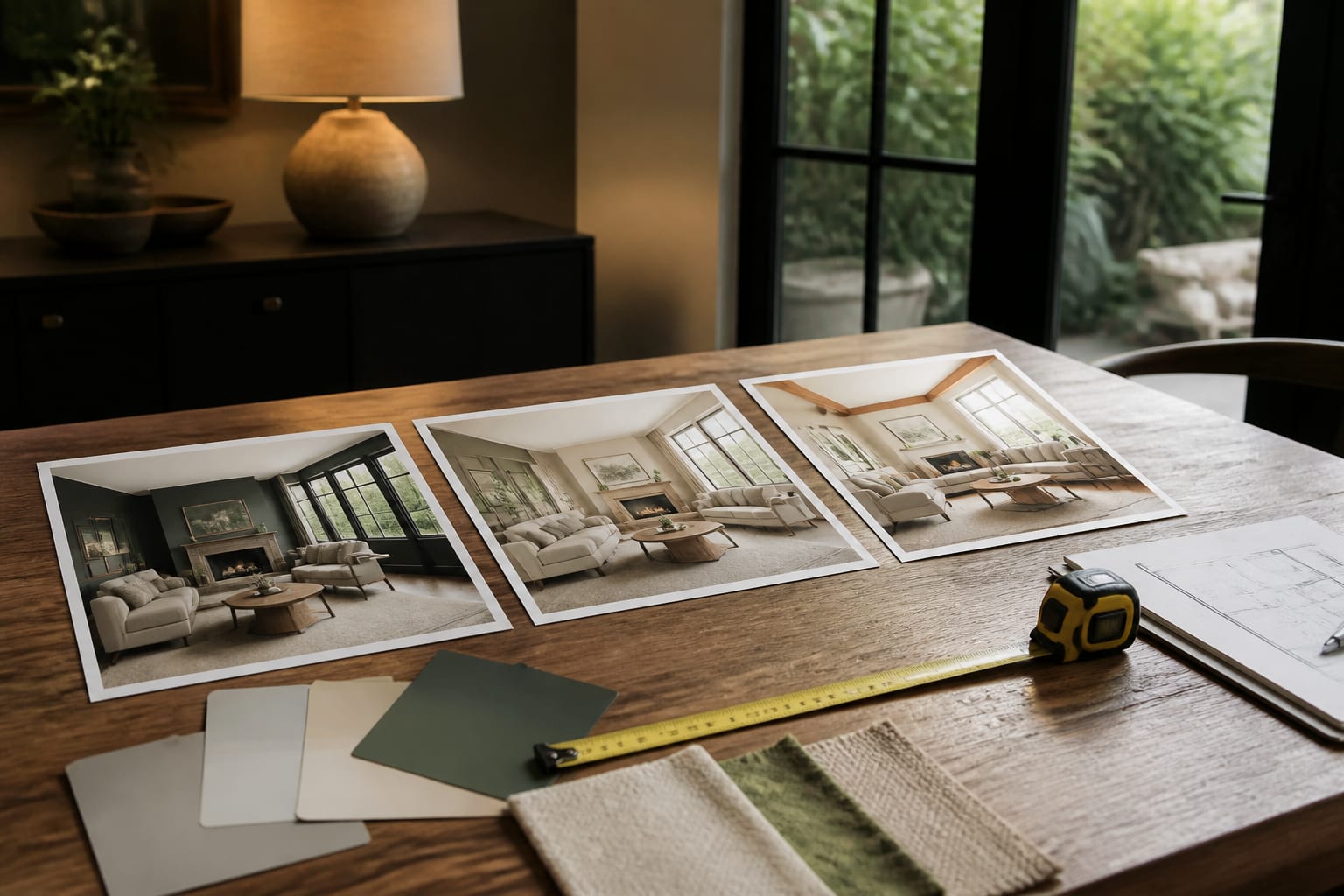 homeowner reviewing three AI interior design previews with paint samples, tape measure, and furniture dimensions on a table