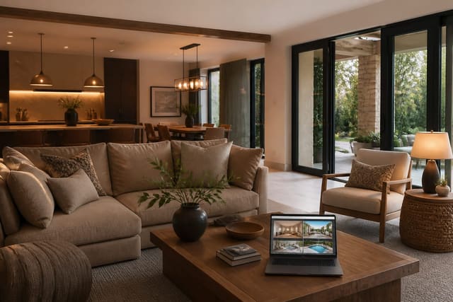 warm open plan living room with measured furniture layout, layered lighting, and laptop showing AI redesign previews