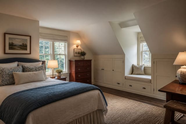 Cape Cod Interior Design: Making the Most of Sloped Ceilings and Dormer Windows, shown as warm editorial Re-Design photography of a Cape Cod bedroom with sloped ceilings, dormer light, knee-wall storage, and soft painted trim at believable residential scale, no overlaid text, no watermark