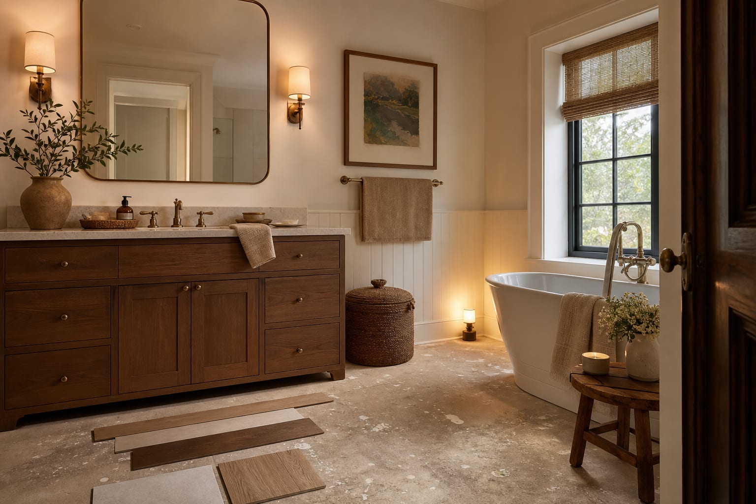 small bathroom with old carpet removed, clean subfloor exposed, and waterproof flooring samples beside the vanity
