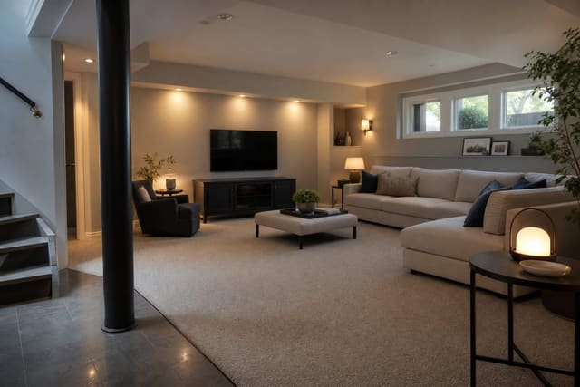 finished basement with low-pile carpet over concrete, warm wall lighting, and a visible moisture-smart floor transition