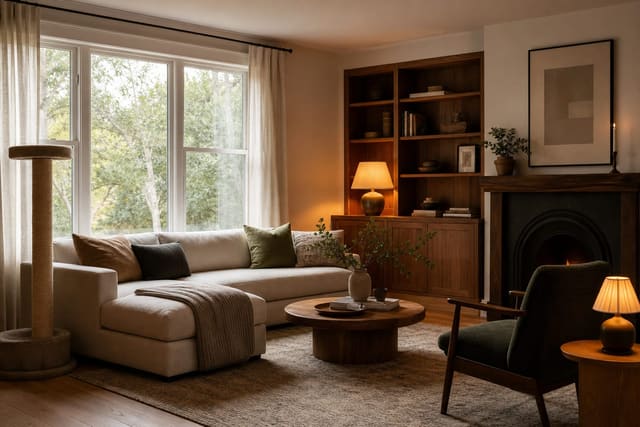 tailored living room with tight weave sofa, woven scratch post, warm wood table, and cat-friendly textures near a sunny window