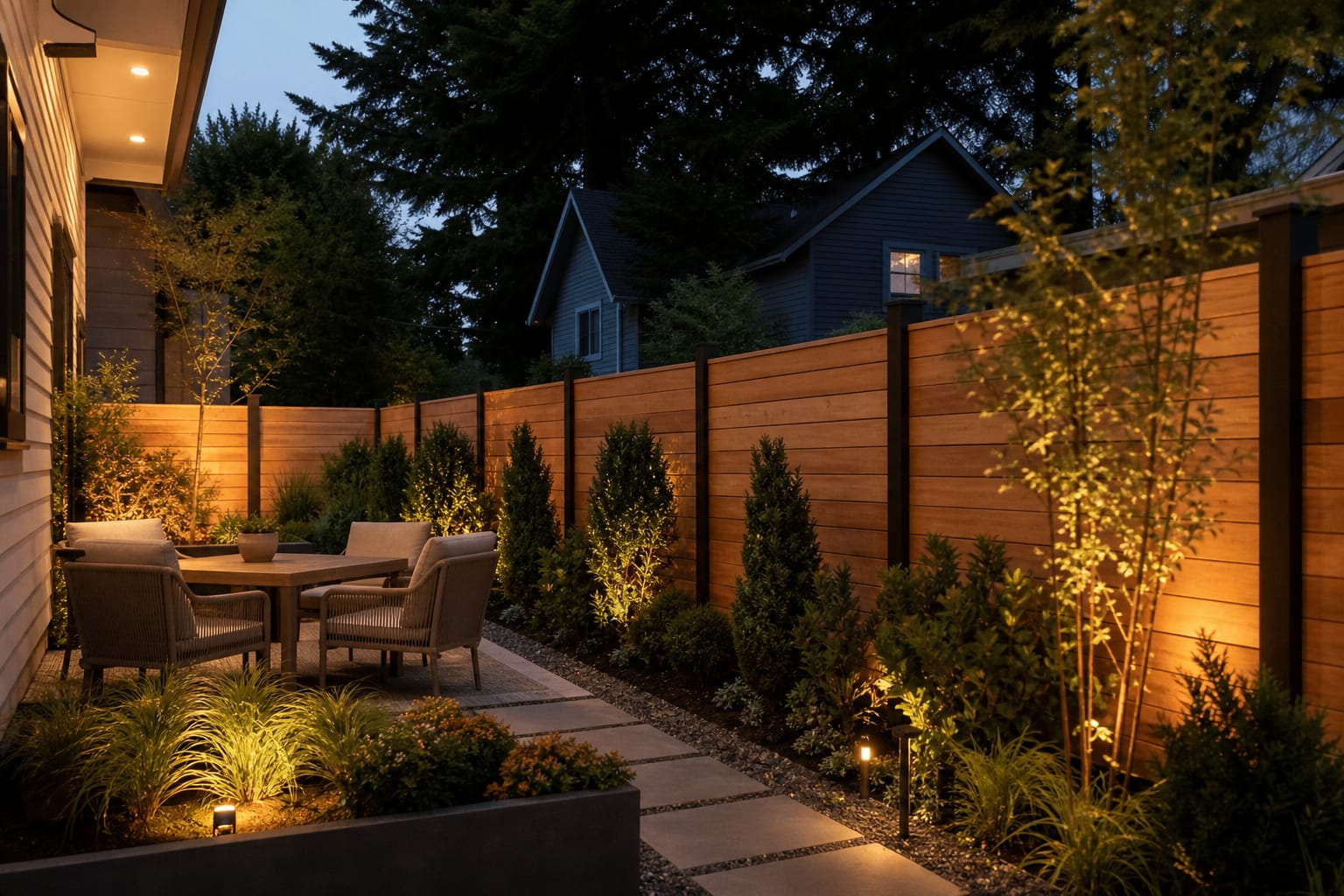 Same backyard with warm cedar privacy fence, aligned boards, black posts, gravel planting strip, shrubs, and a defined seating area.