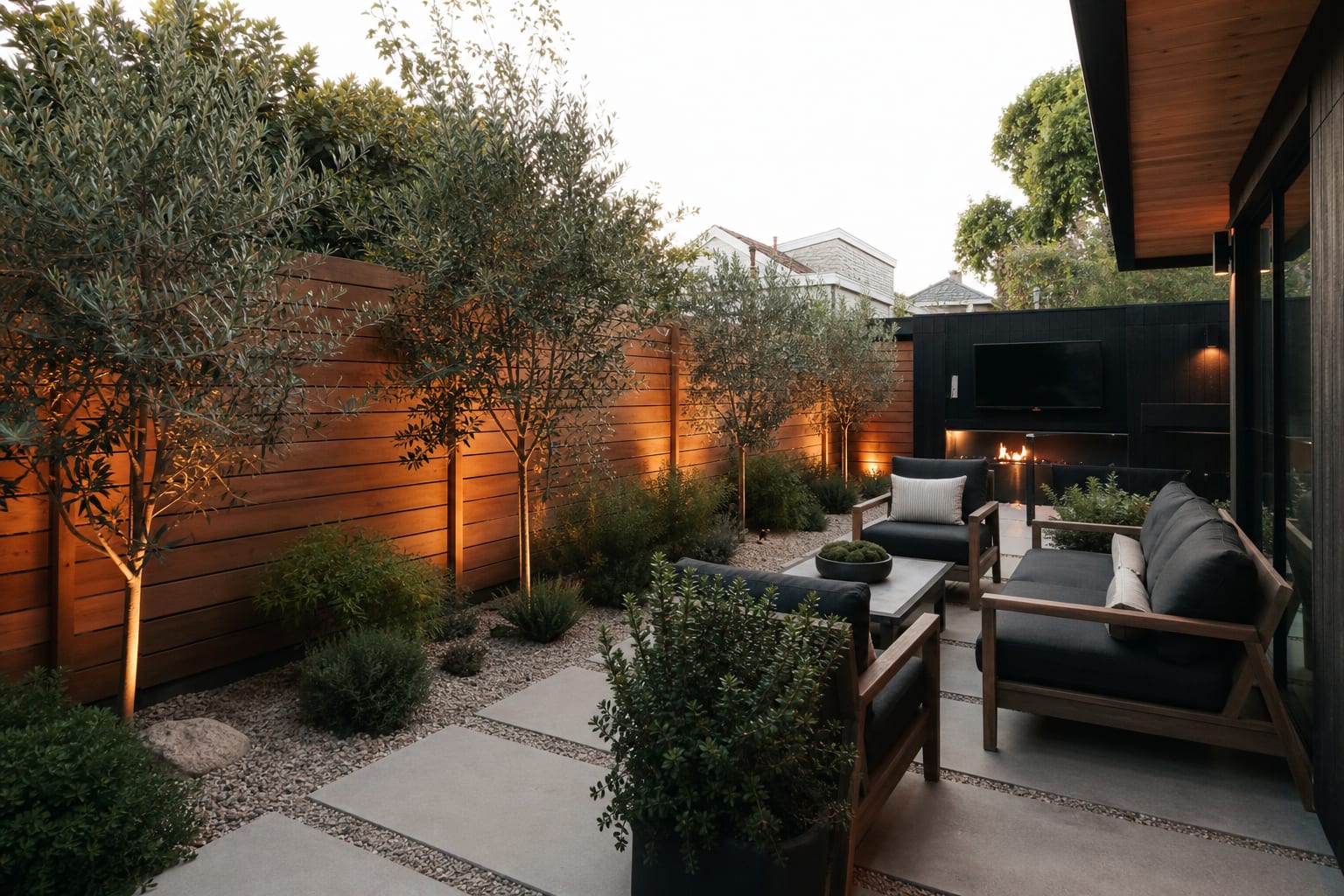modern backyard with a warm cedar privacy fence, gravel planting bed, compact shrubs, and a simple outdoor lounge zone
