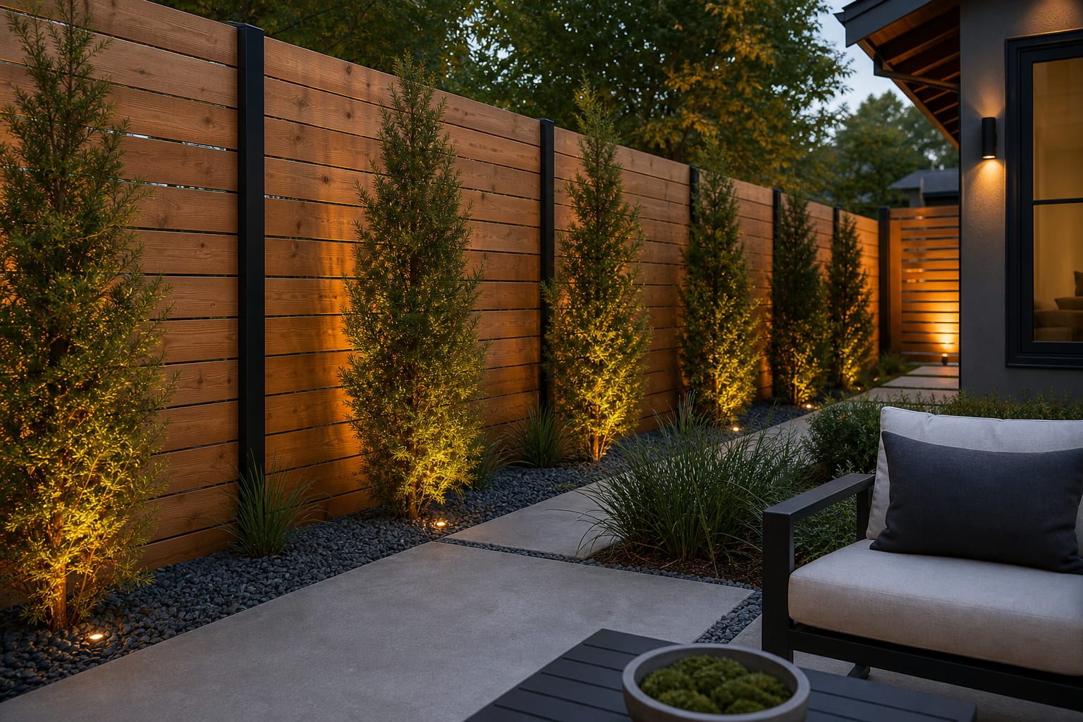 cedar fence detail showing horizontal boards, black metal posts, gravel base, and young evergreen planting along the boundary