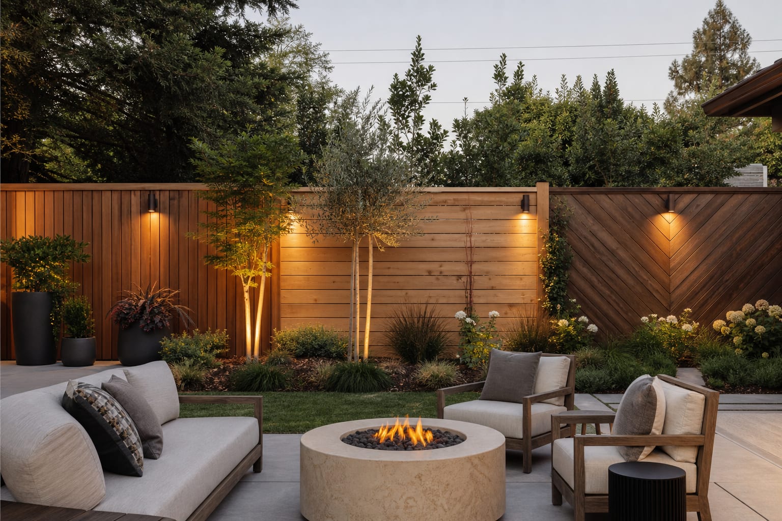 AI-style backyard design preview showing three cedar fence options with different board directions, stain tones, and planting beds