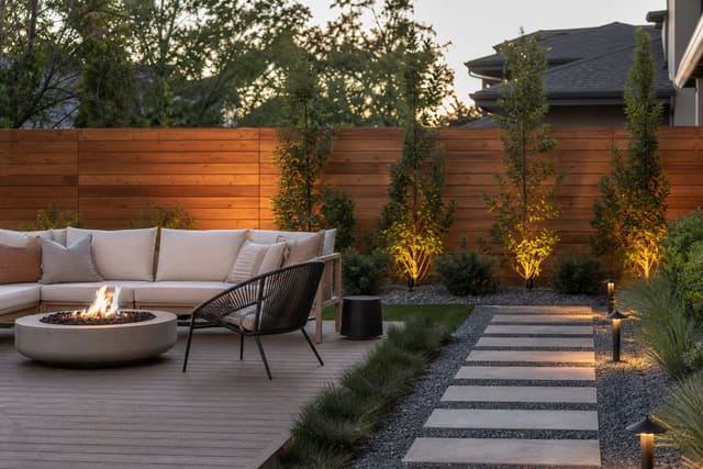 modern backyard with a warm cedar privacy fence, gravel planting bed, compact shrubs, and a simple outdoor lounge zone
