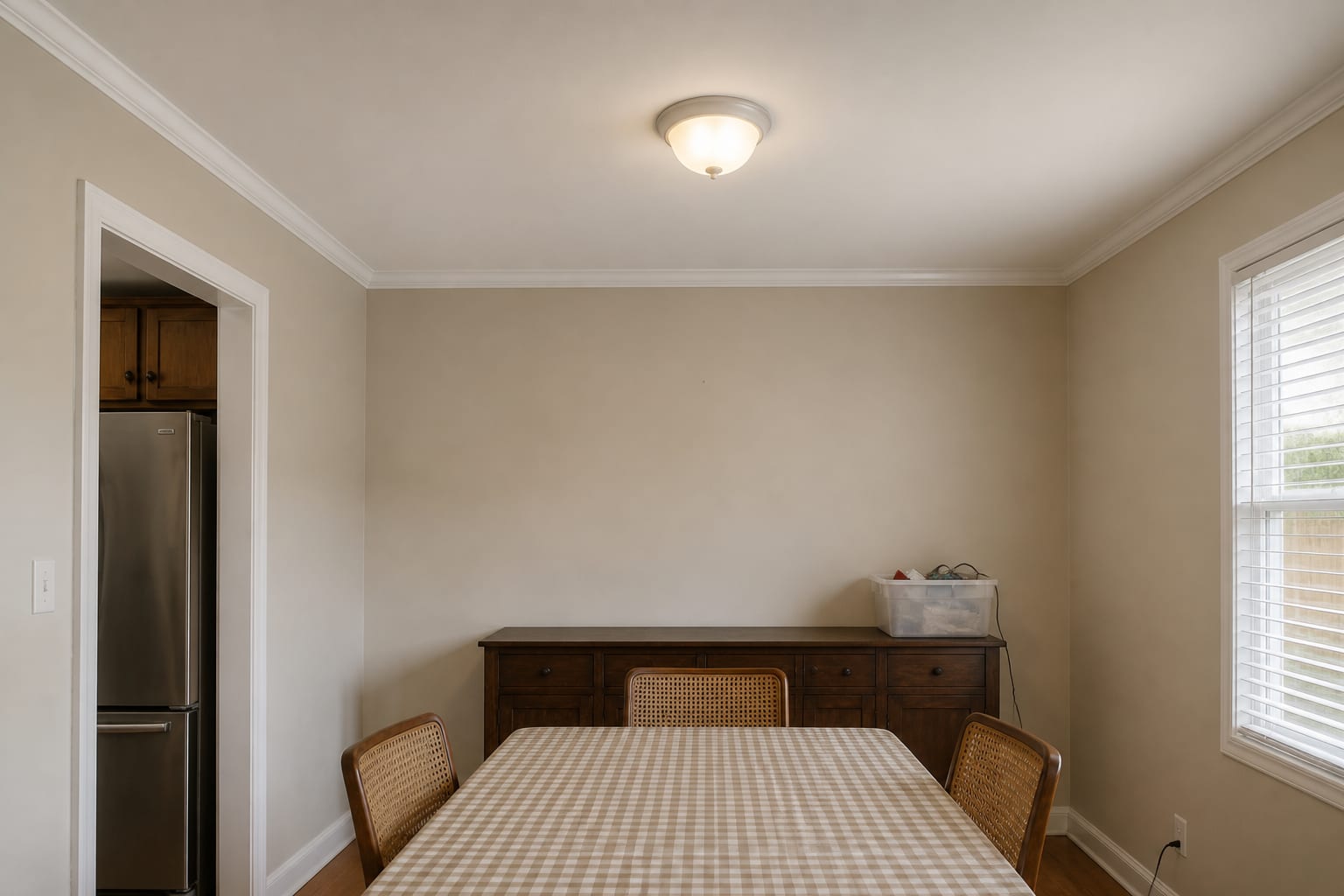 Small dining room with a flat builder-white ceiling, flush dome light, scuffed walls, and a vinyl gingham tablecloth.