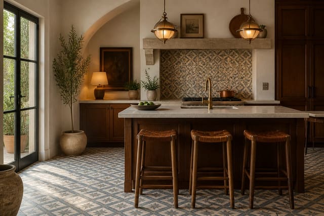 Cement Tile Guide: Encaustic Patterns for Kitchen and Bath, shown as warm editorial Re-Design photography of a mediterranean editorial residential interior design scene with believable residential scale, no overlaid text, no watermark