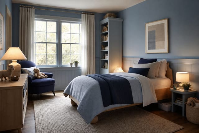soft blue child bedroom with washable painted walls, simple wood bed, cotton rug, and warm shaded reading lamp