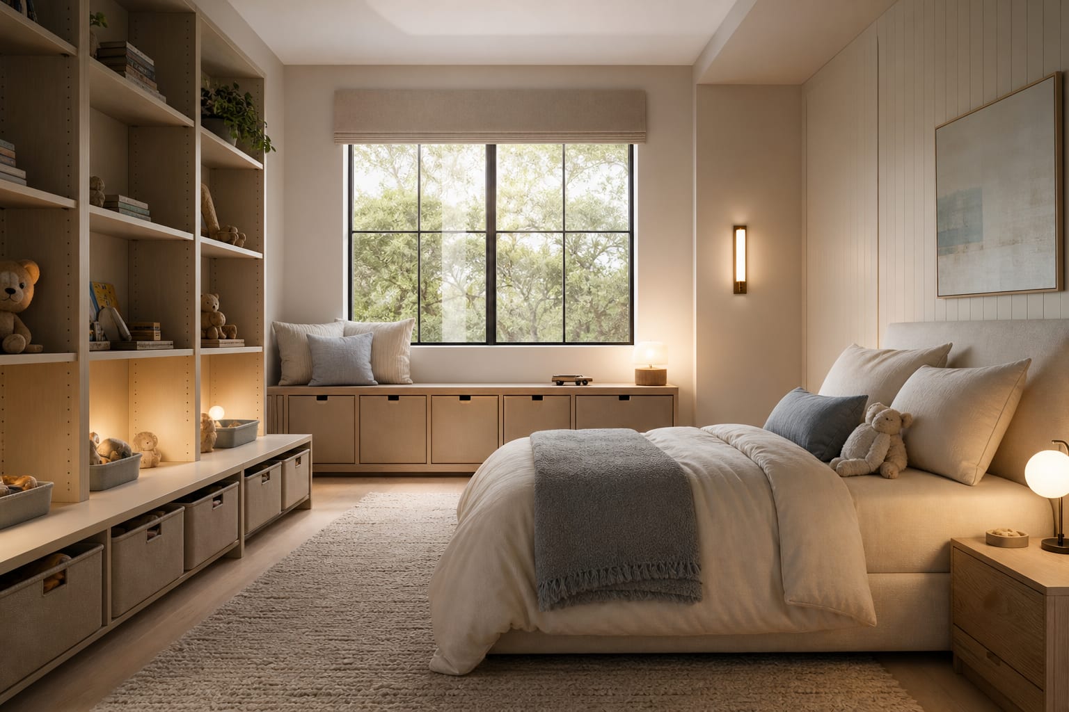 childrens bedroom with low toy bins, adjustable shelving, closed drawers, and a calm bed wall for long term storage