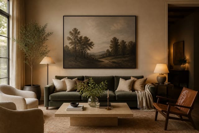 Editorial interior room illustrating how to choose the right size artwork for a wall with warm natural light, layered styling, and realistic residential scale