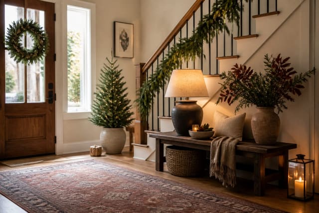 Christmas Entryway Decor Ideas for a Memorable Welcome, shown as warm editorial Re-Design photography with believable residential scale, no overlaid text, no watermark