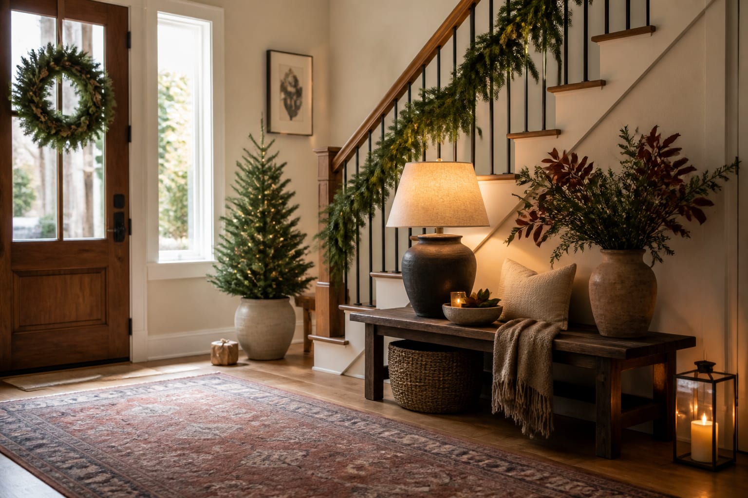 Christmas Entryway Decor Ideas for a Memorable Welcome, shown as warm editorial Re-Design photography with believable residential scale, no overlaid text, no watermark