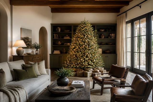 Christmas Tree Styling Ideas for a Modern, Designed Look, shown as warm editorial Re-Design photography with believable residential scale, no overlaid text, no watermark