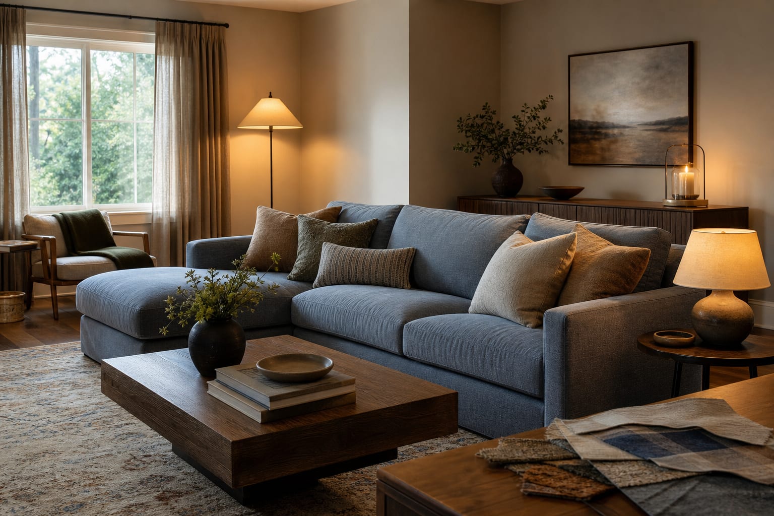 living room with beige walls, blue gray sofa, warm wood floor, and fabric samples showing undertone conflicts