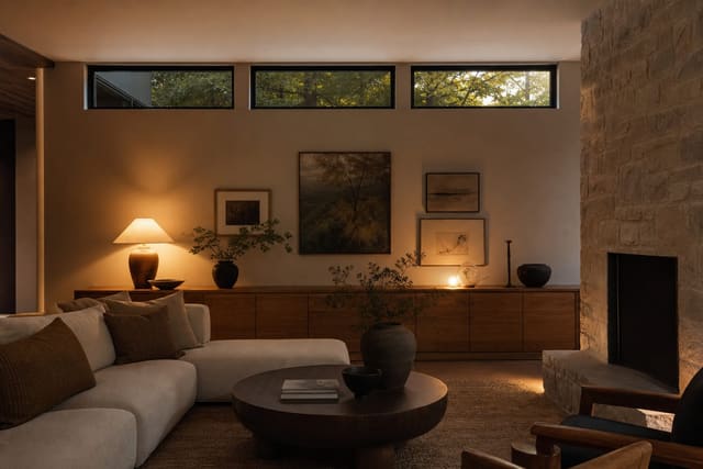 living room with clerestory windows above a low built in cabinet, warm wall color, layered art, and soft evening lamps
