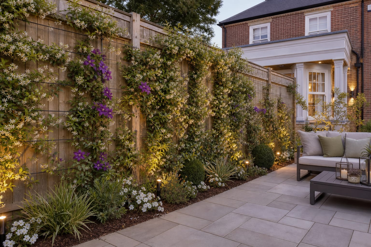 Same fence covered with clematis and jasmine on tension wires, with mulched roots and low perennials finishing the base.