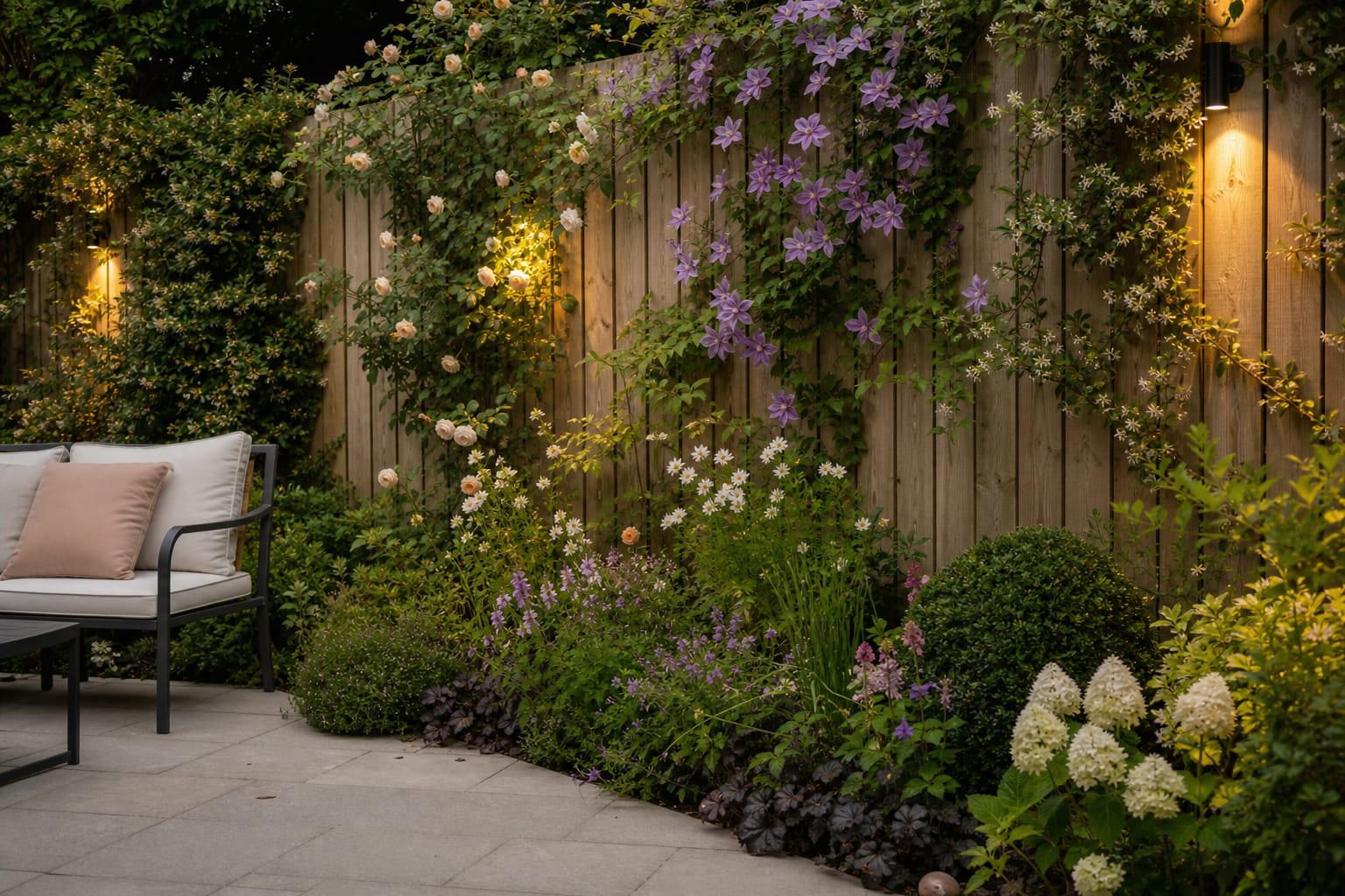 timber garden fence softened with clematis, climbing rose, and evergreen jasmine over layered border planting