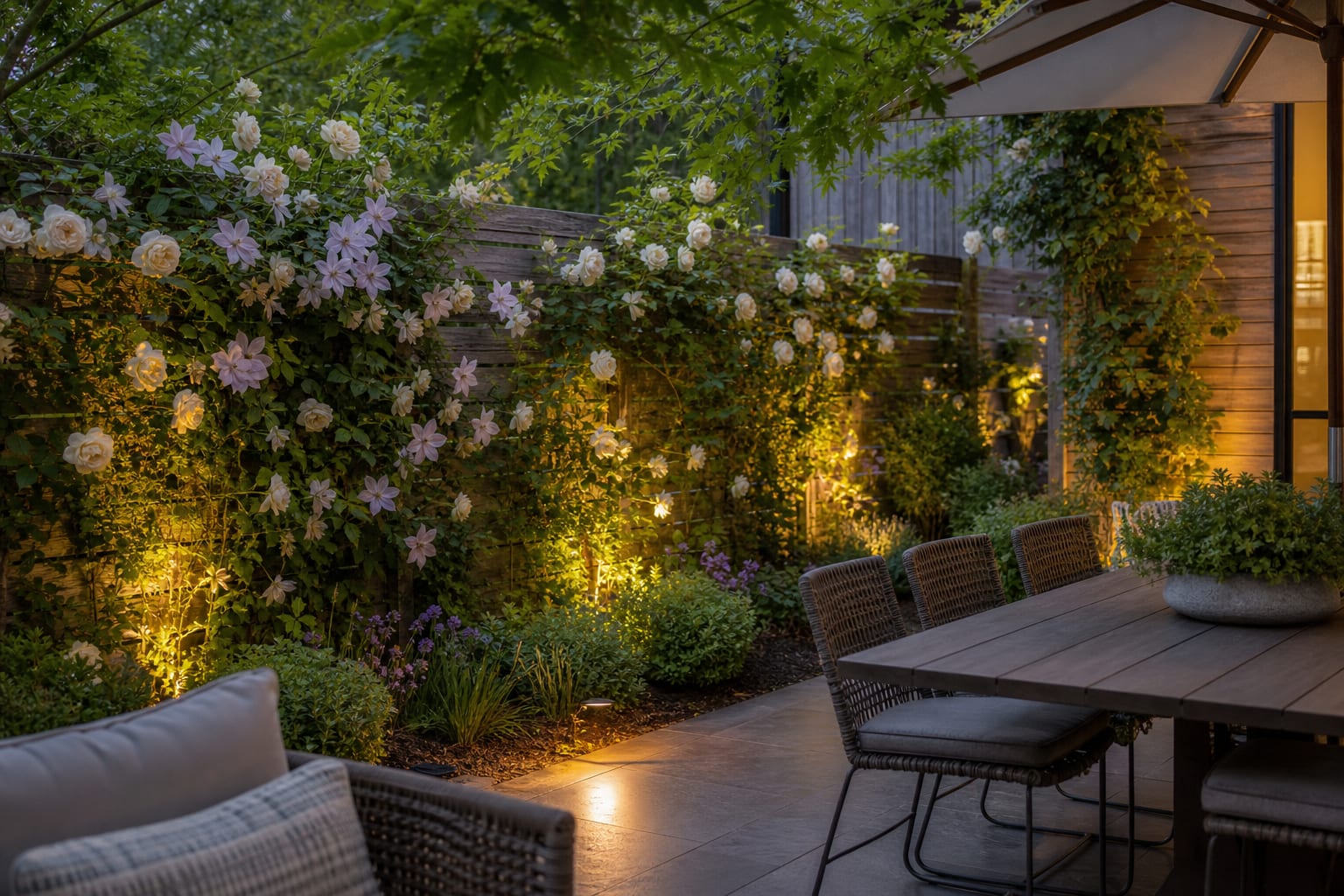 climbing rose and clematis trained on horizontal fence wires with mulch and low plants shading the roots