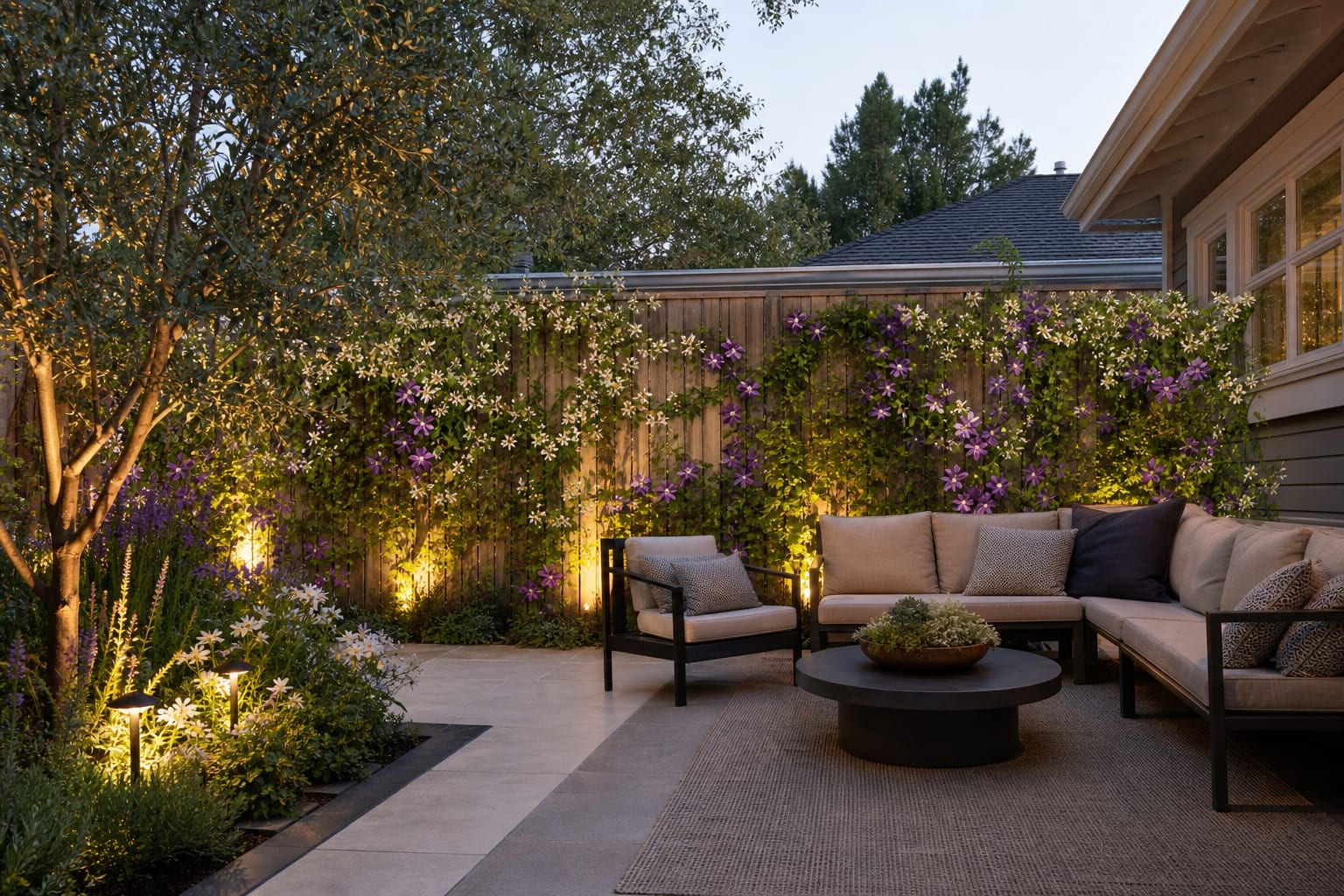 garden fence design preview showing jasmine and clematis coverage from the same patio viewpoint before planting