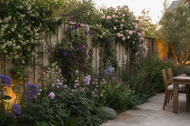 timber garden fence softened with clematis, climbing rose, and evergreen jasmine over layered border planting