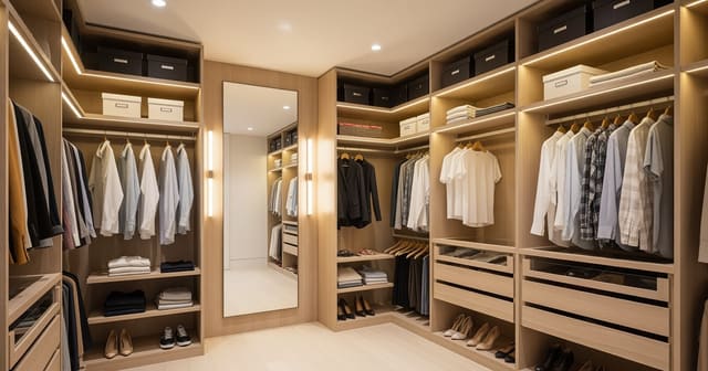 A bright walk-in closet with layered ambient light, a mirror, and organized shelving