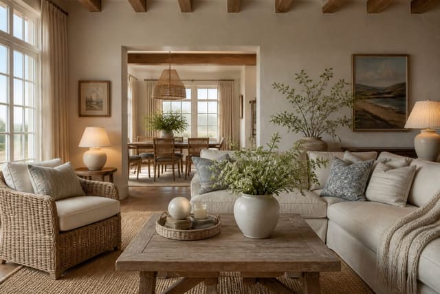 Editorial interior photograph showing coastal grandmother aesthetic linen, wicker, and relaxed elegance.