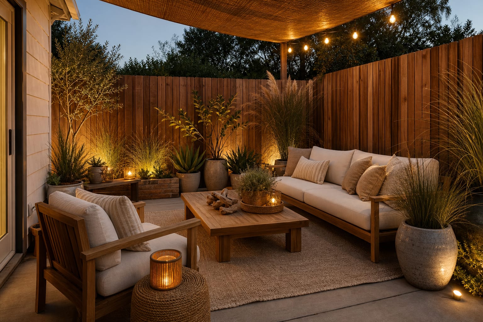 same patio angle redesigned with teak lounge furniture, sand-colored cushions, woven pendant, pale rug, grasses, and driftwood accents.